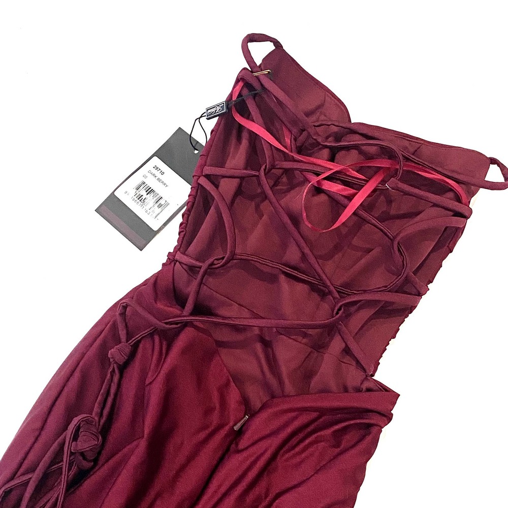 La Femme 29710 Square Neck Shiny Jersey Gown Sz 00 Dark Berry - Picture 2 of 7